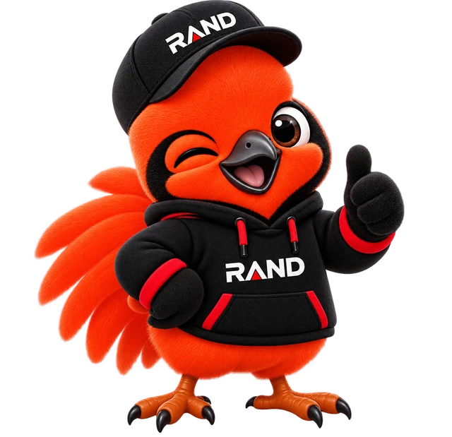 Mascota de RanD, ave roja con gorra y sudadera negra, guiñando un ojo y con el pulgar arriba